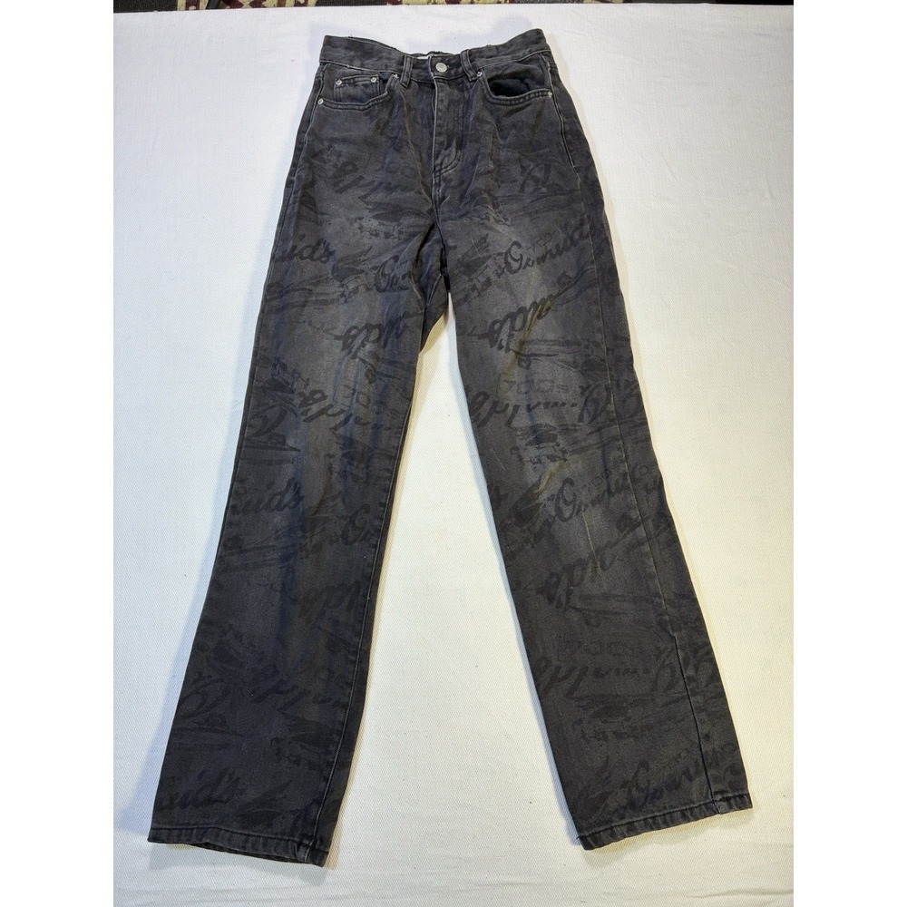 Nasty Gal Devon Boyfriend Jeans US 4 Black Acid Wash Graphic Print Broken Zip